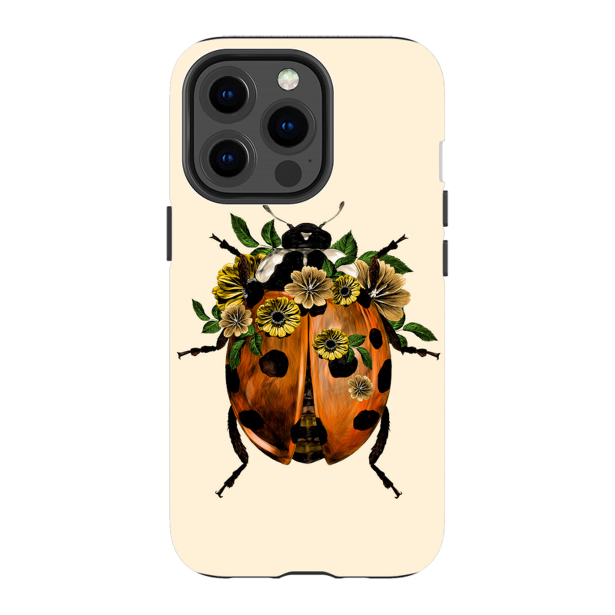 Dual-layer iPhone tough case featuring a ladybug adorned with yellow flowers on a cream background.