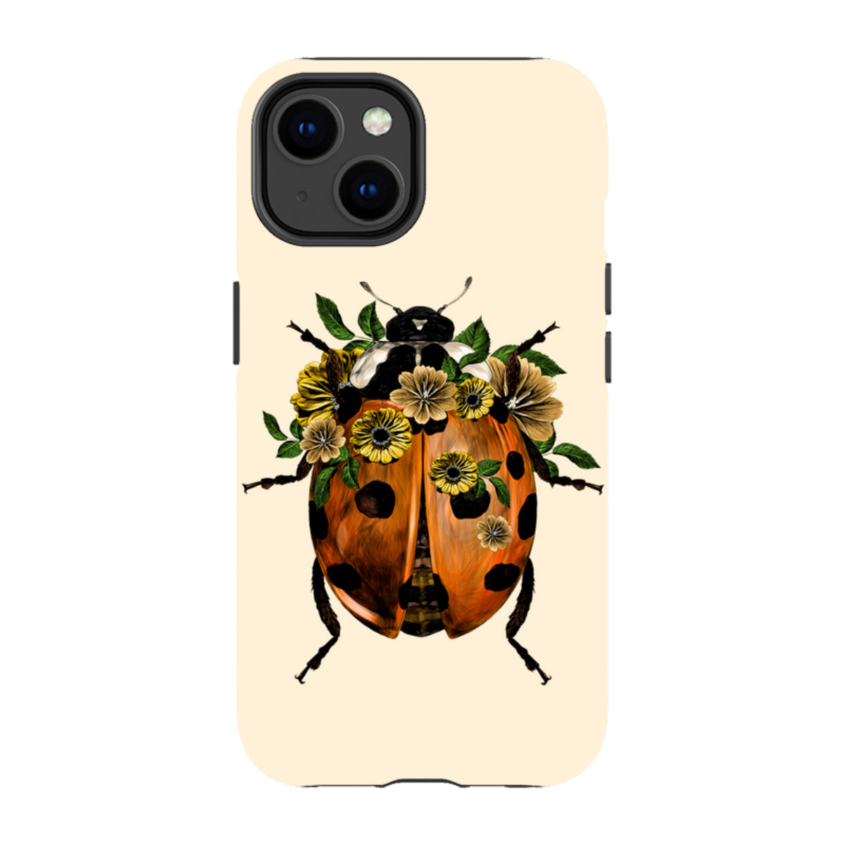 iPhone tough case with a cream background featuring a ladybug adorned with yellow flowers and green leaves.