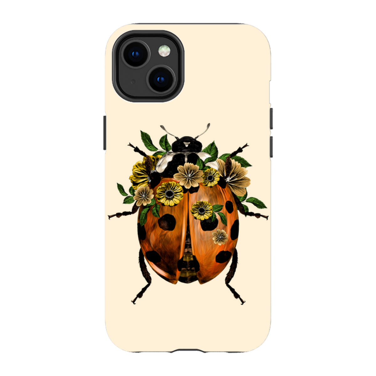 iPhone tough case featuring a ladybug adorned with yellow flowers and green leaves on a cream background.