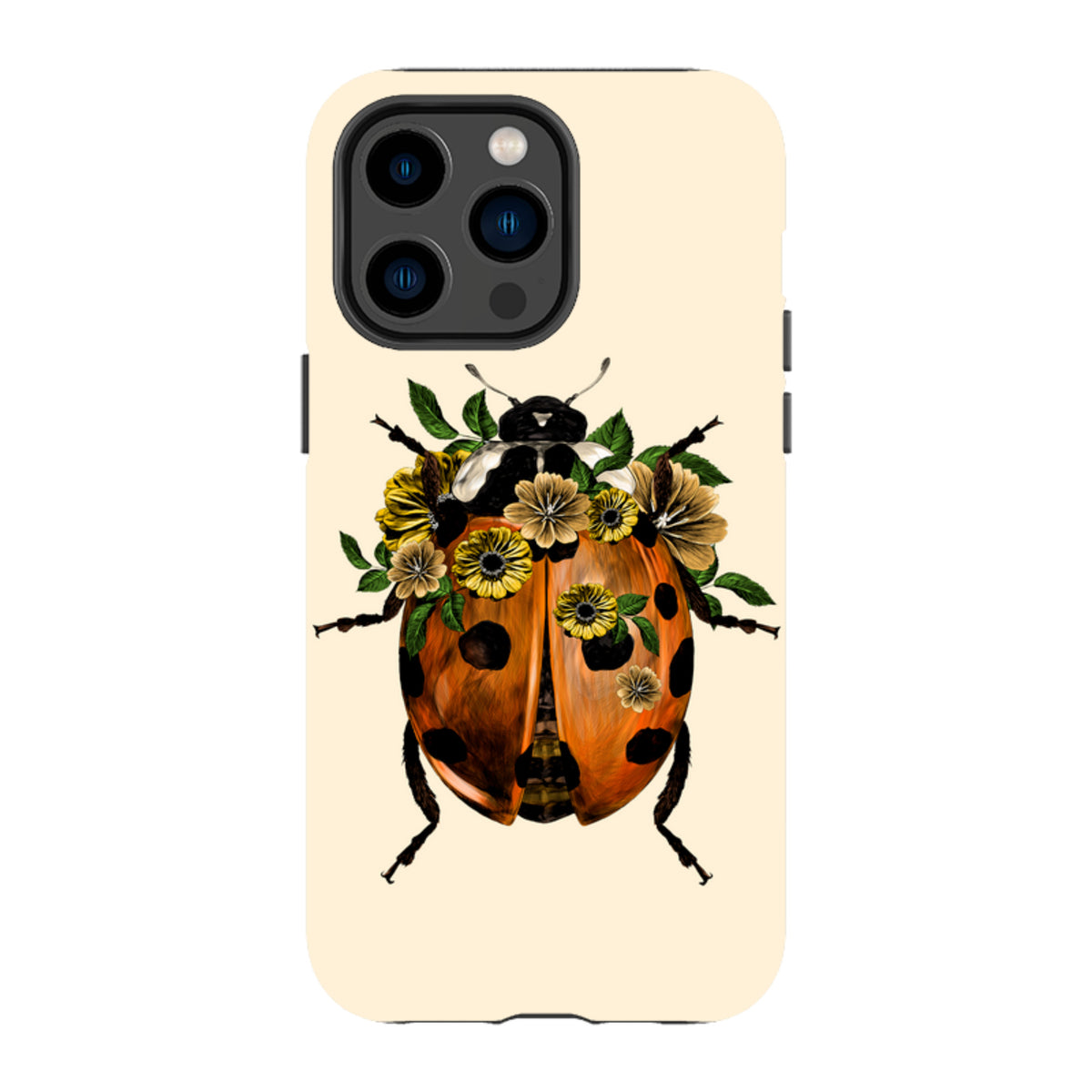 iPhone tough case with a cream background featuring a ladybug adorned with yellow flowers and green leaves.