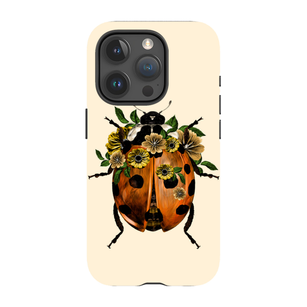 Cream-colored iPhone tough case featuring a detailed ladybug illustration adorned with yellow flowers and green leaves.