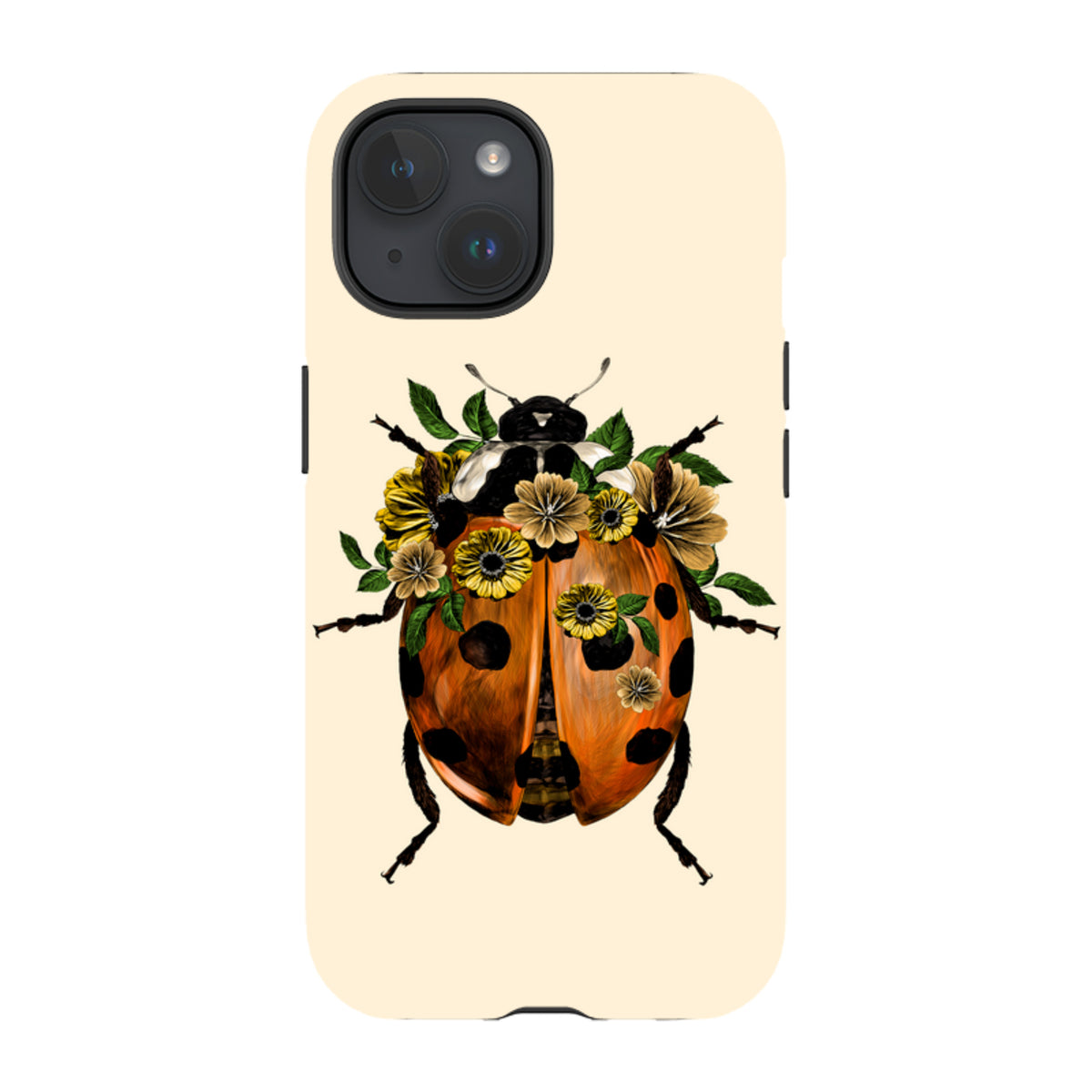 iPhone tough case with a cream background featuring a ladybug adorned with yellow flowers and green leaves.