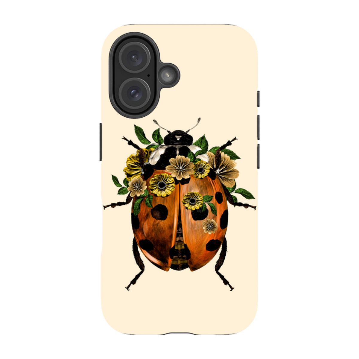 iPhone tough case with a cream background featuring a ladybug adorned with yellow flowers and green leaves.