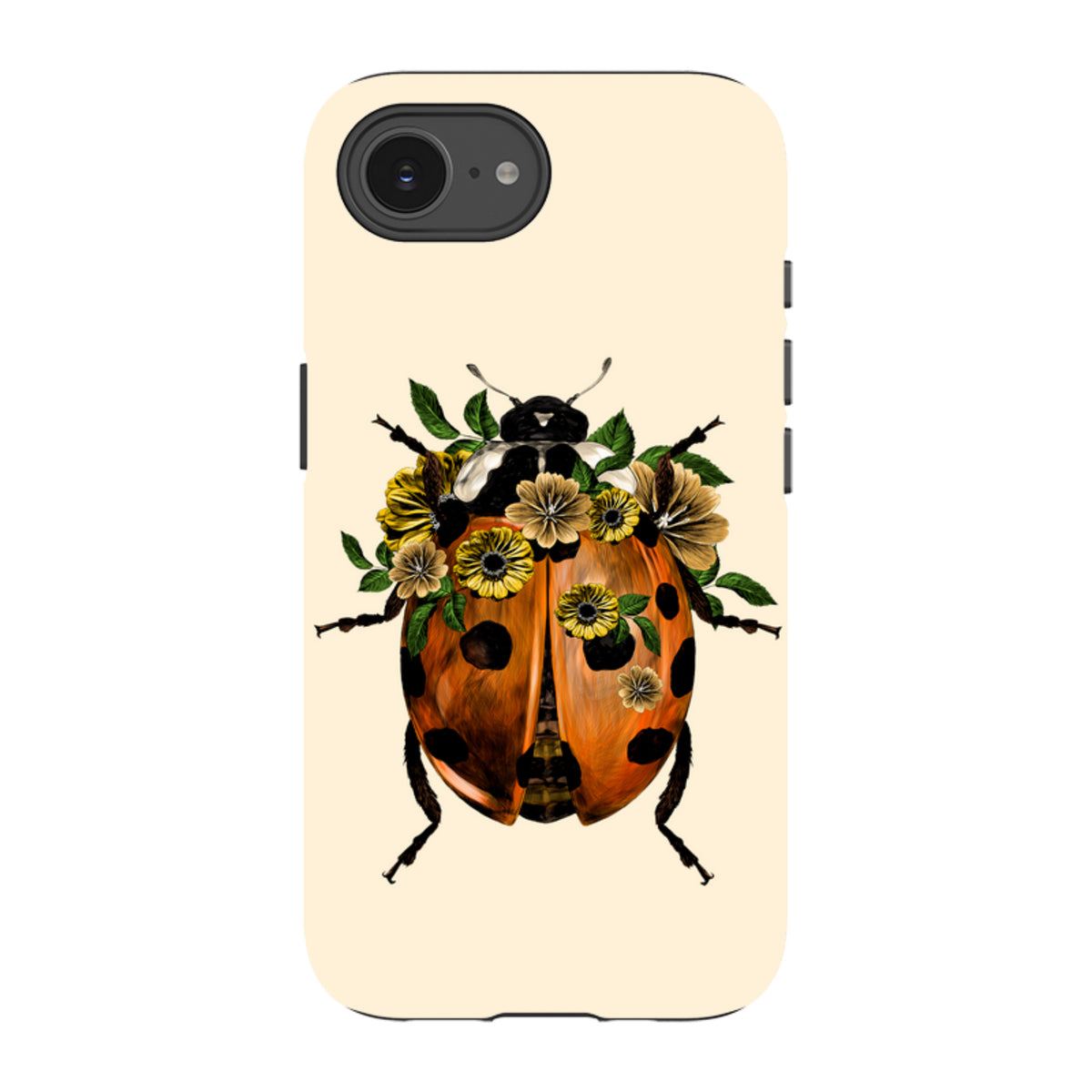 iPhone tough case with a cream background featuring a ladybug adorned with yellow flowers and green leaves.
