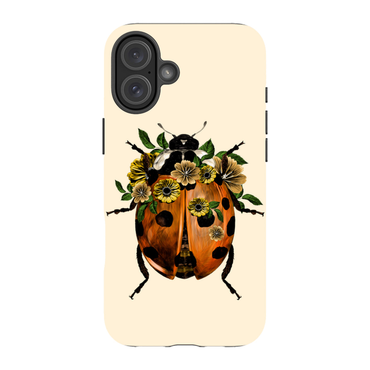 Cream-colored iPhone tough case featuring a detailed ladybug illustration adorned with yellow flowers and green leaves.