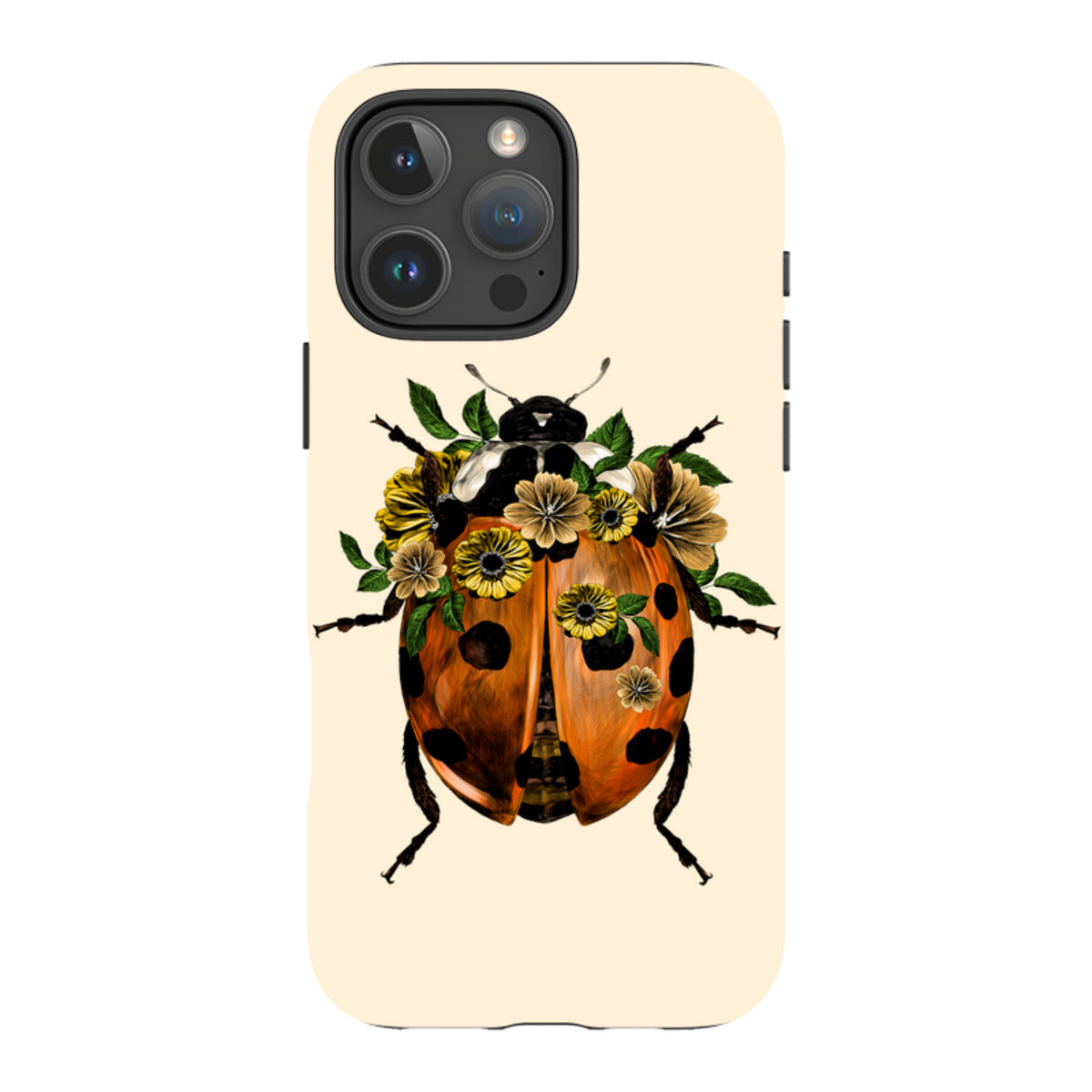 iPhone tough case with a cream background featuring a ladybug adorned with yellow flowers and green leaves.