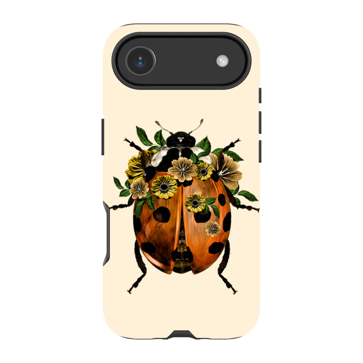 Dual-layer iPhone tough case featuring a ladybug with yellow flowers on a cream background and black protective edges.