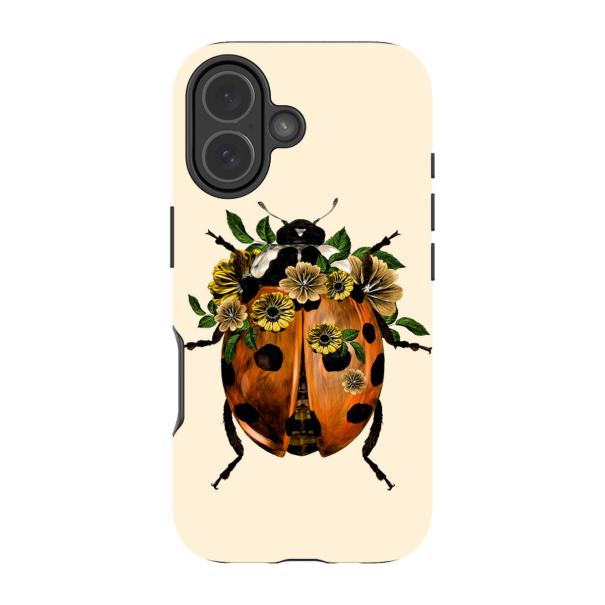 Dual-layer iPhone tough case featuring a ladybug with yellow floral accents on a cream background.