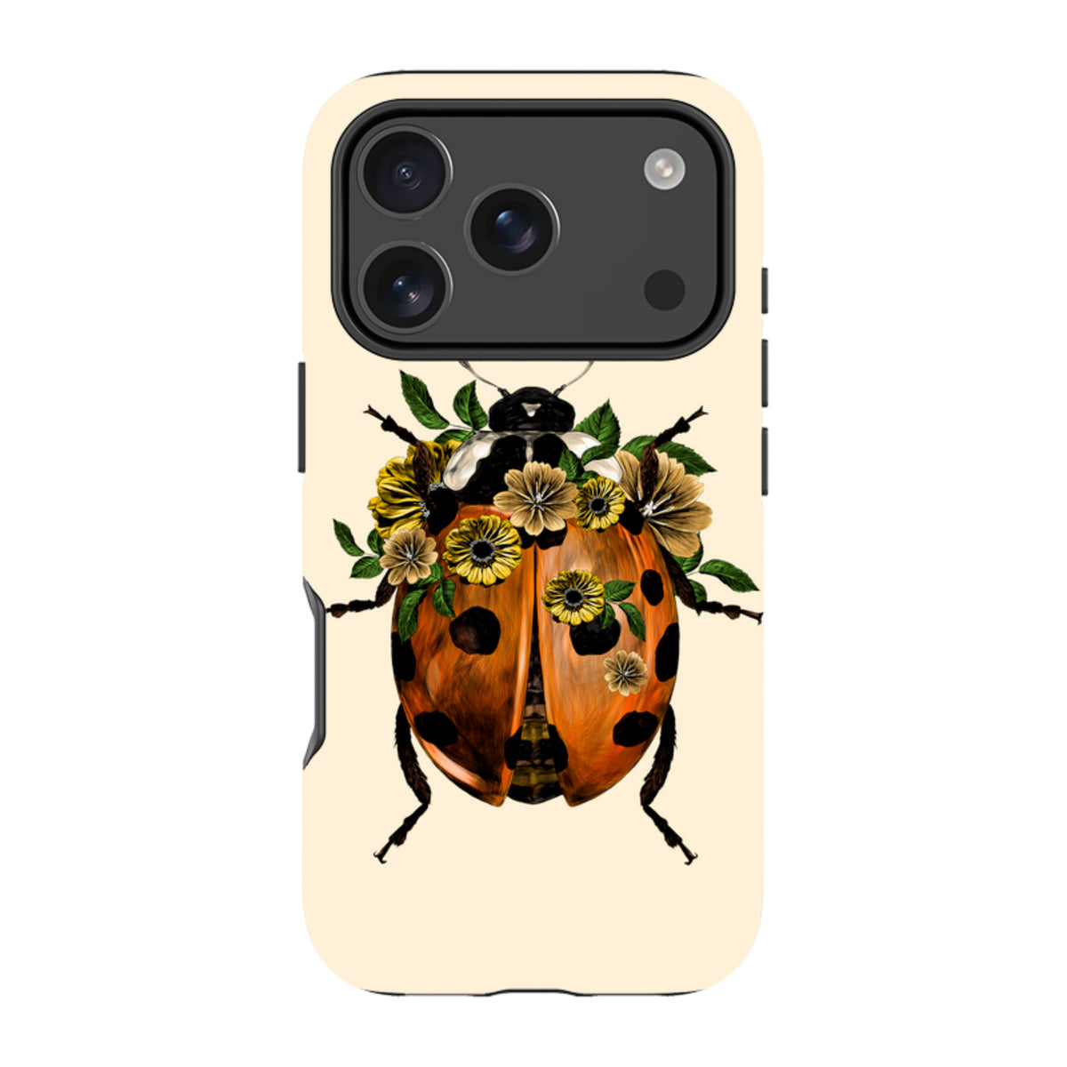 iPhone tough case with a cream background featuring a ladybug adorned with yellow flowers and green leaves.