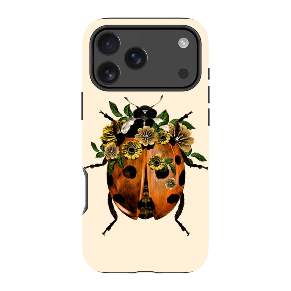iPhone tough case with a cream background featuring a ladybug adorned with yellow flowers and green leaves.
