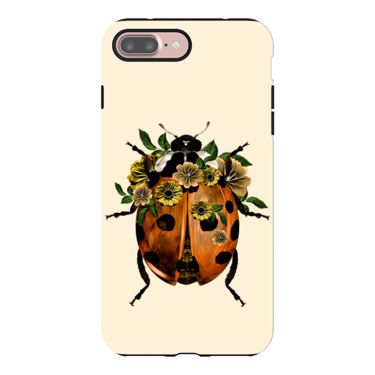 Dual-layer iPhone tough case featuring a ladybug with yellow flowers on a cream background.