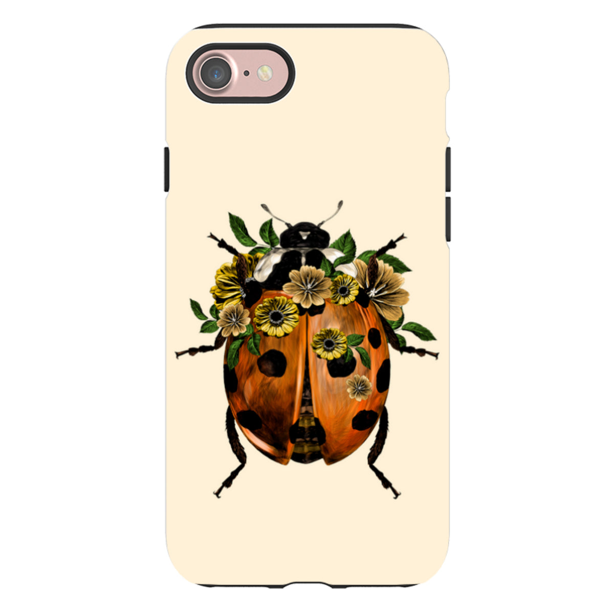 iPhone tough case with a ladybug and yellow flower illustration on a cream background, featuring dual-layer protection.