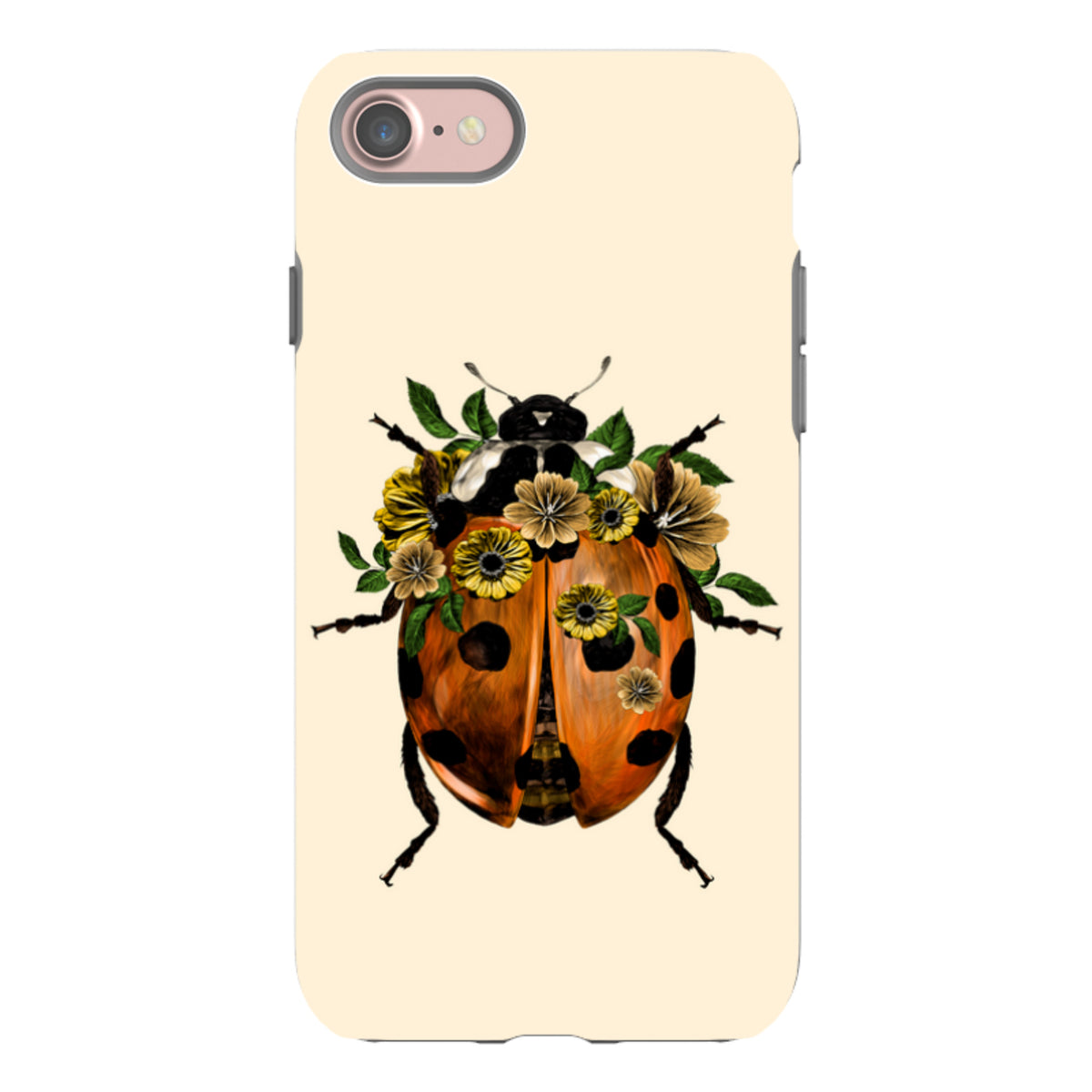 iPhone tough case with a cream background featuring a ladybug adorned with yellow flowers and green leaves.