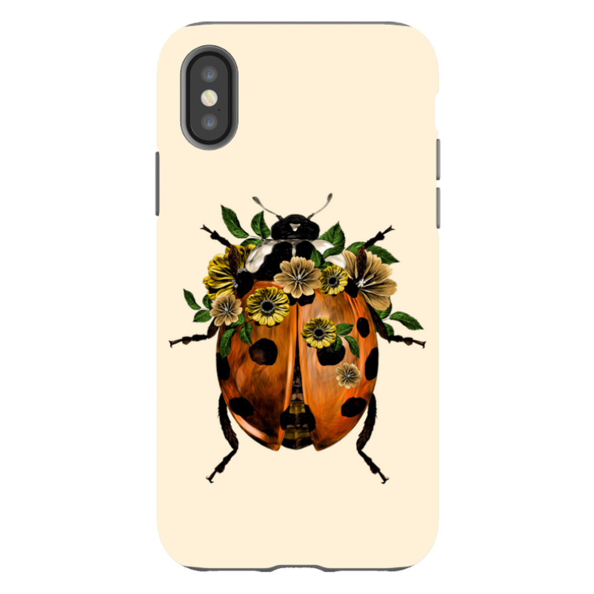 iPhone tough case with a cream background featuring a ladybug adorned with yellow flowers and green leaves.