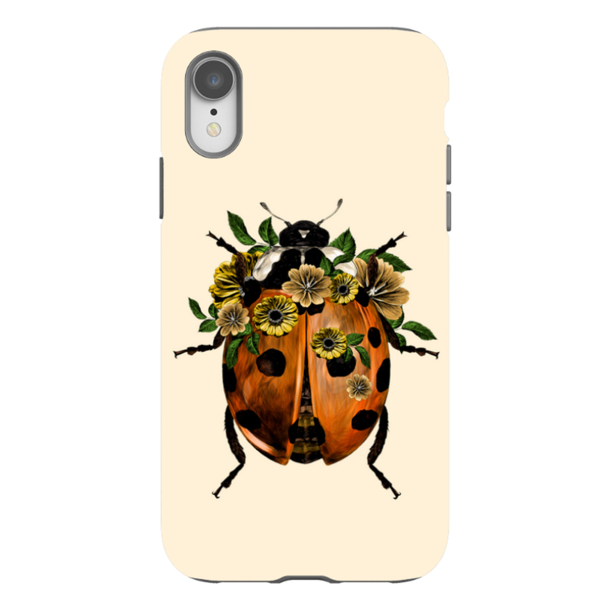 Dual-layer iPhone tough case featuring a ladybug with floral accents on a cream background for durable, stylish protection.