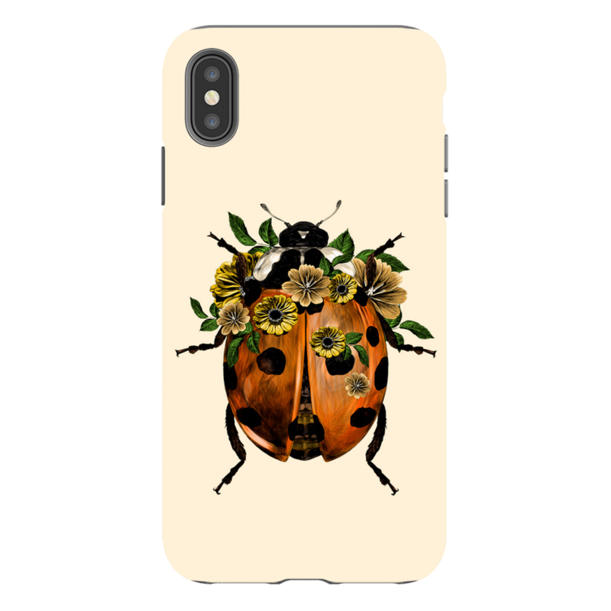 iPhone tough case with a cream background featuring a ladybug adorned with yellow flowers and green leaves.