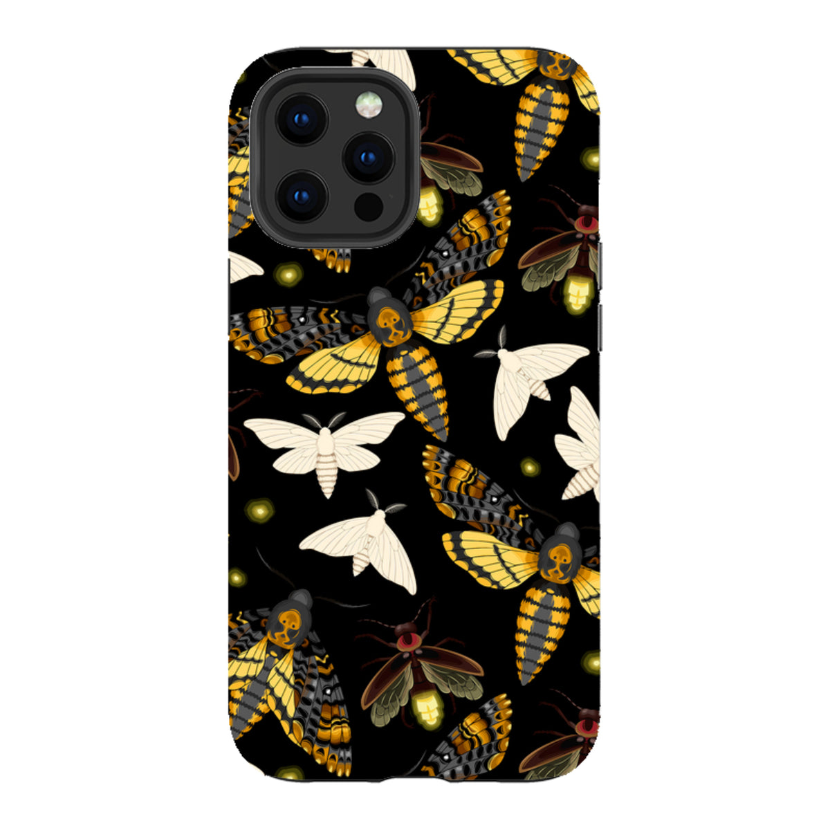 iPhone tough case with a black background featuring a pattern of yellow and black moths and glowing fireflies.