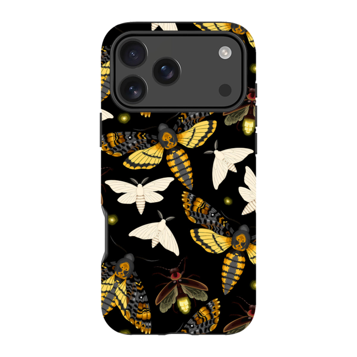 iPhone tough case featuring a black background with a pattern of yellow and white moths and glowing fireflies.