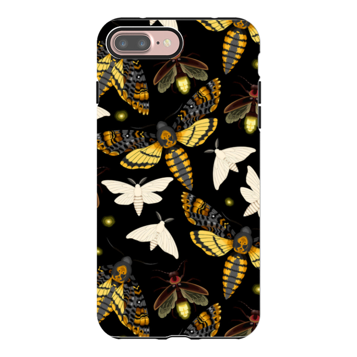 iPhone tough case featuring a black background with a pattern of yellow and black moths and glowing fireflies.