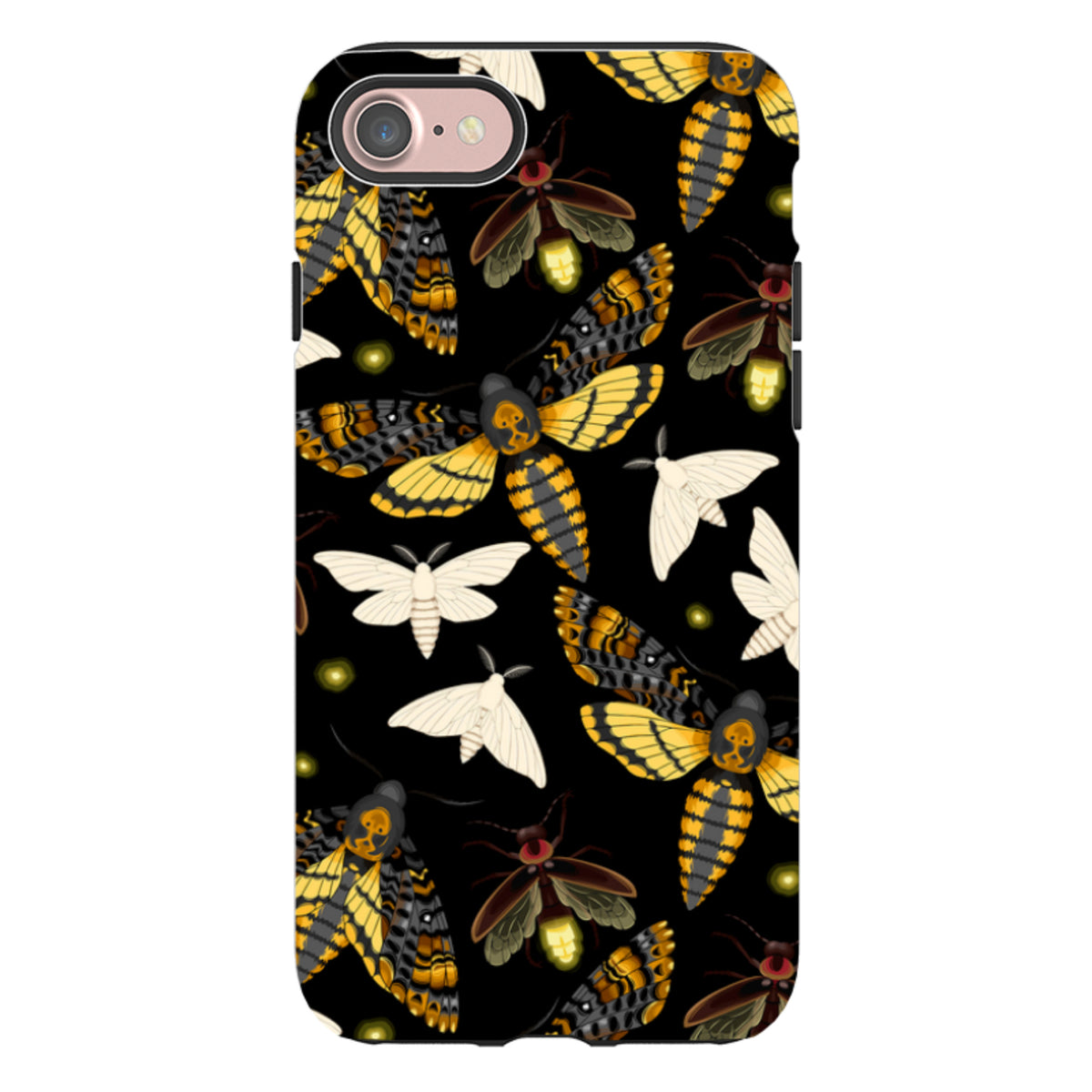 iPhone Tough Case featuring a black background with a pattern of yellow and black moths and white moths.