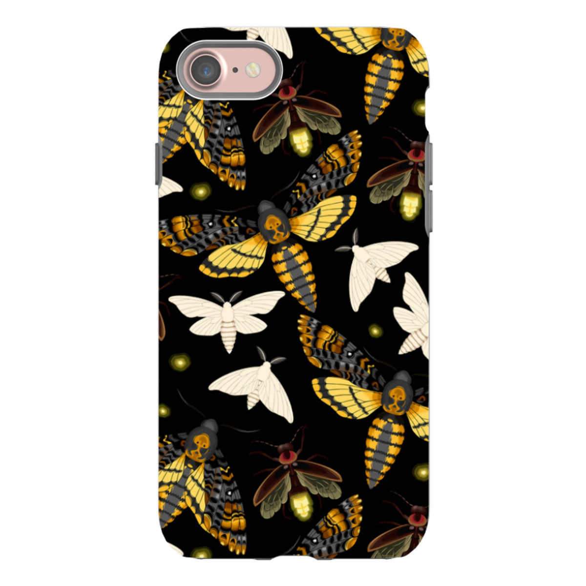 iPhone Tough Case featuring a black background with a pattern of yellow and black moths and glowing fireflies.