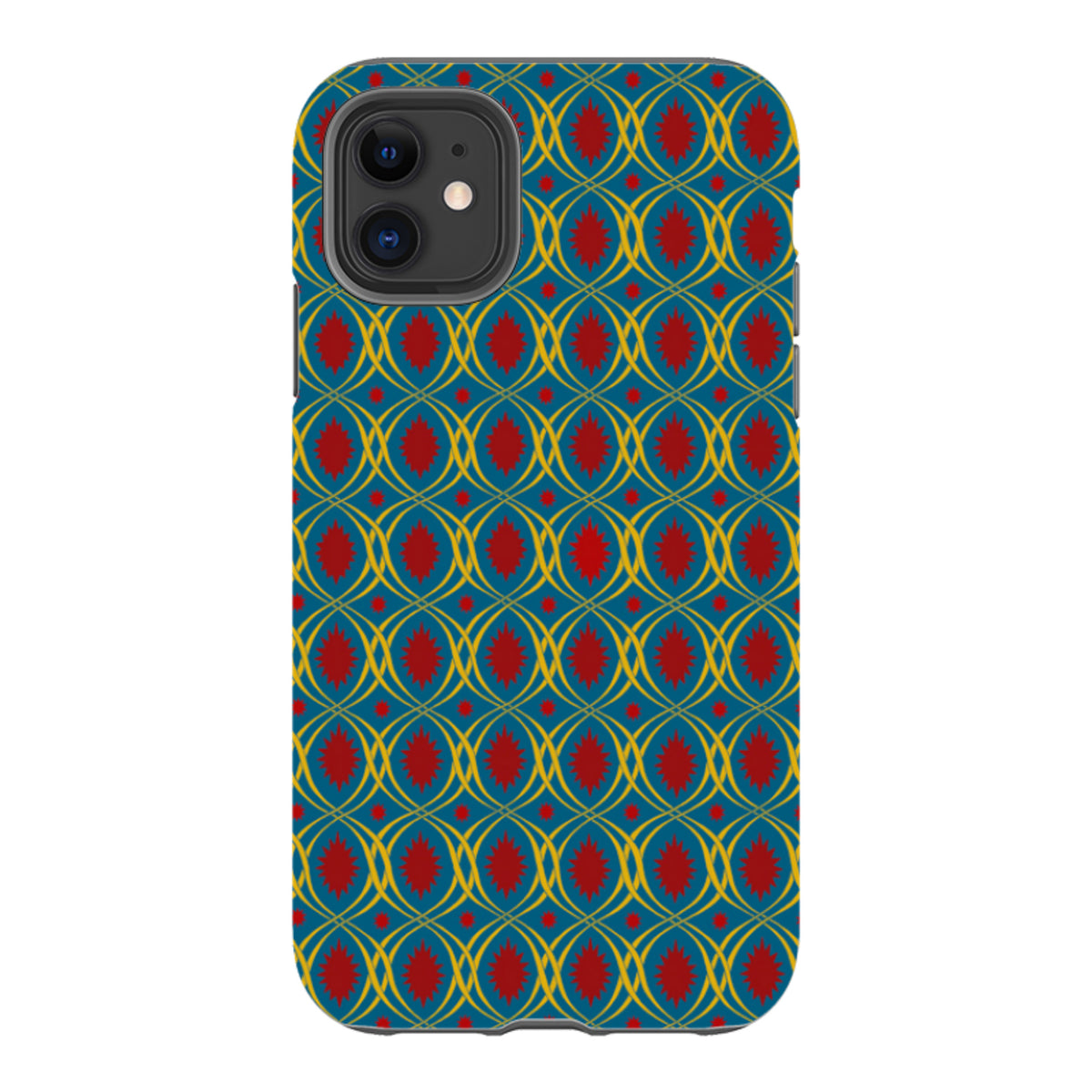 iPhone tough case with a blue, yellow, and red lattice pattern by Cressida Bell, featuring dual-layer protective design.