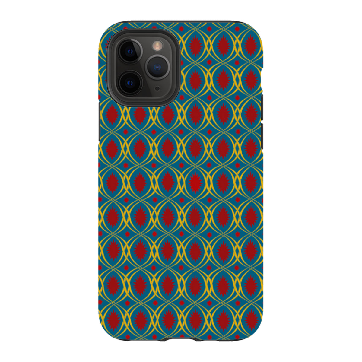 iPhone tough case with a blue, yellow, and red lattice pattern by Cressida Bell, featuring a durable dual-layer design.