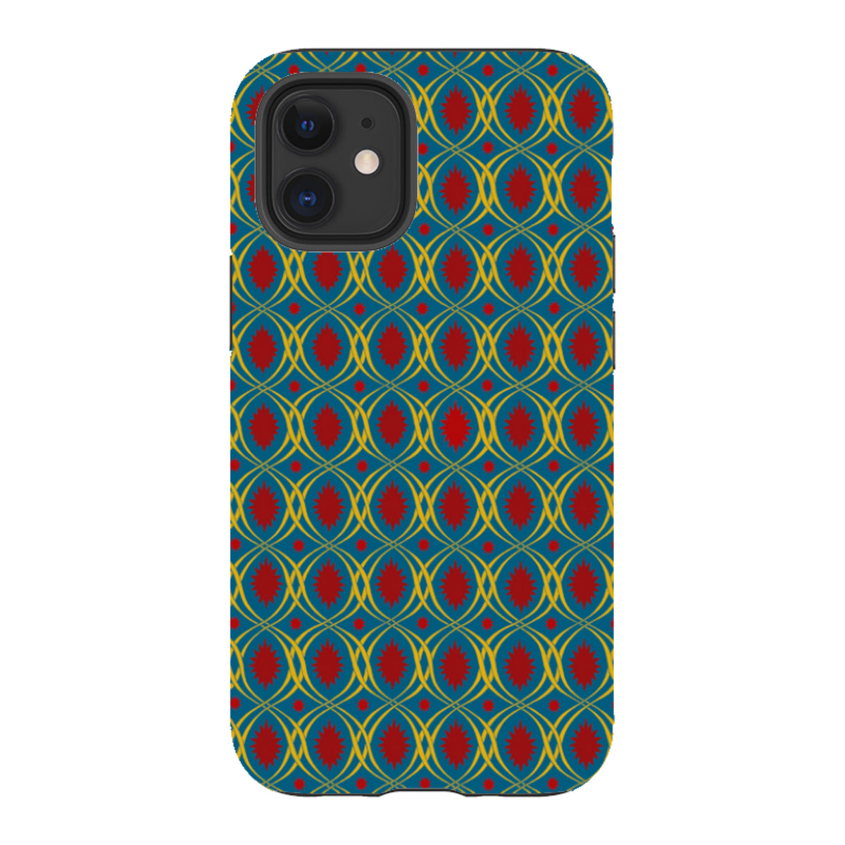 Dual-layer iPhone tough case featuring a blue, yellow, and red lattice pattern by Cressida Bell.
