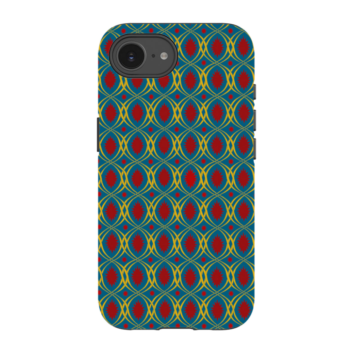 iPhone tough case featuring a teal, yellow, and red lattice pattern by Cressida Bell with dual-layer protective design.