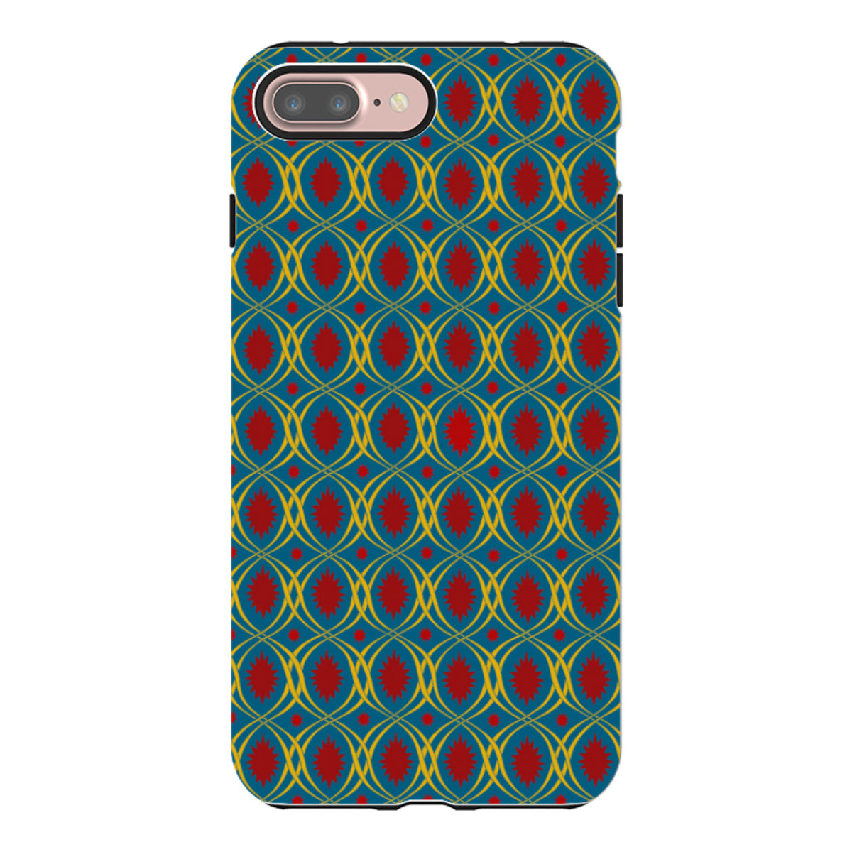 iPhone tough case with a blue, yellow, and red lattice pattern by Cressida Bell, featuring a dual-layer protective design.