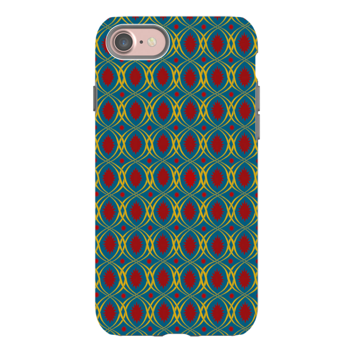iPhone tough case with a blue, yellow, and red lattice geometric pattern by Cressida Bell and dual-layer protection.
