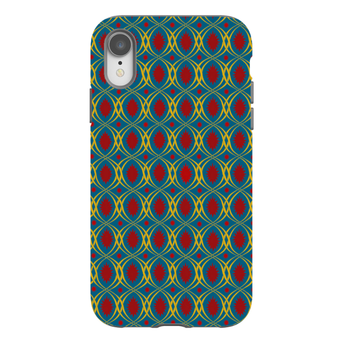 iPhone tough case featuring a teal background with a yellow lattice pattern and red starburst accents.