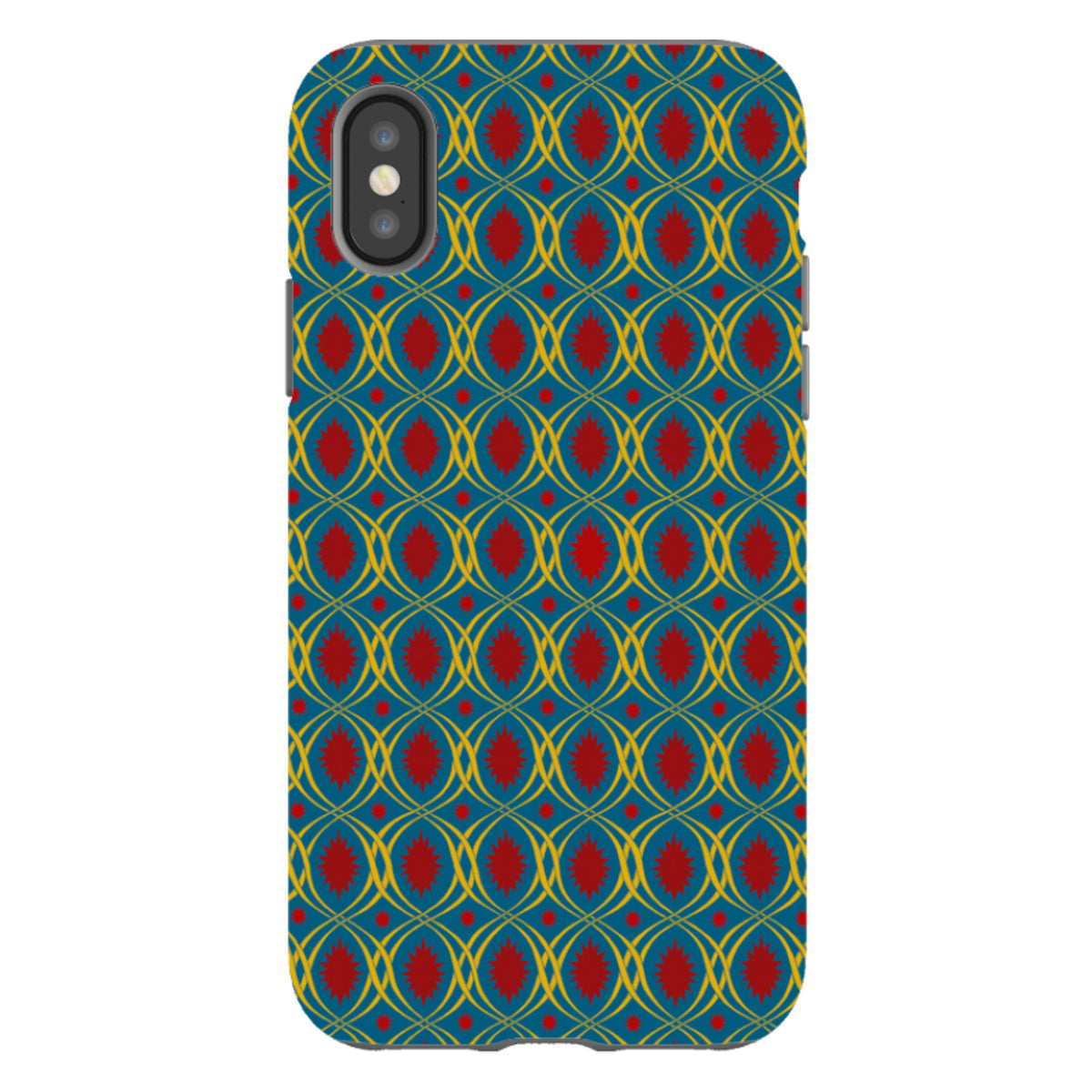 iPhone tough case with a blue, yellow, and red lattice pattern by Cressida Bell, featuring a durable dual-layer design.