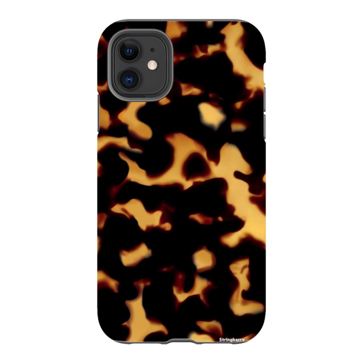 iPhone tough case with a black and amber lava-inspired tortoiseshell pattern and dual-layer protective design.