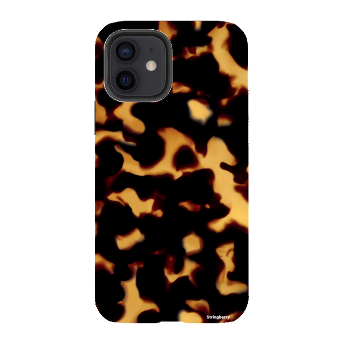 iPhone tough case with a black and amber lava-inspired tortoiseshell pattern and dual-layer protective design.