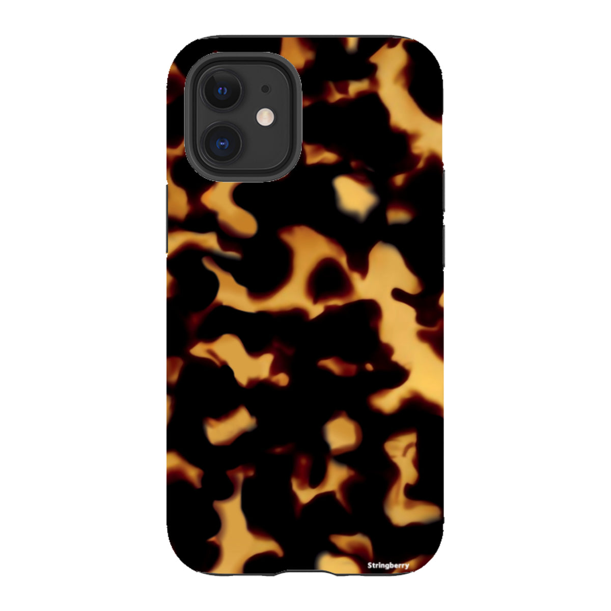 iPhone Tough Case in Lava featuring a black and amber tortoiseshell pattern with dual-layer protection and camera cutout.
