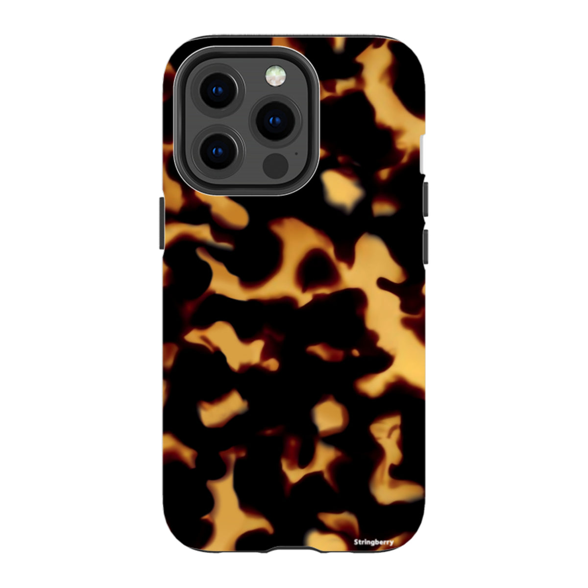 iPhone tough case with a black and orange lava-inspired pattern, featuring a dual-layer design and raised camera protection.