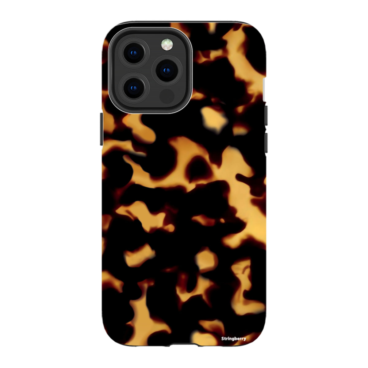 iPhone Tough Case in Lava featuring a black and amber tortoiseshell pattern with a durable dual-layer protective design.