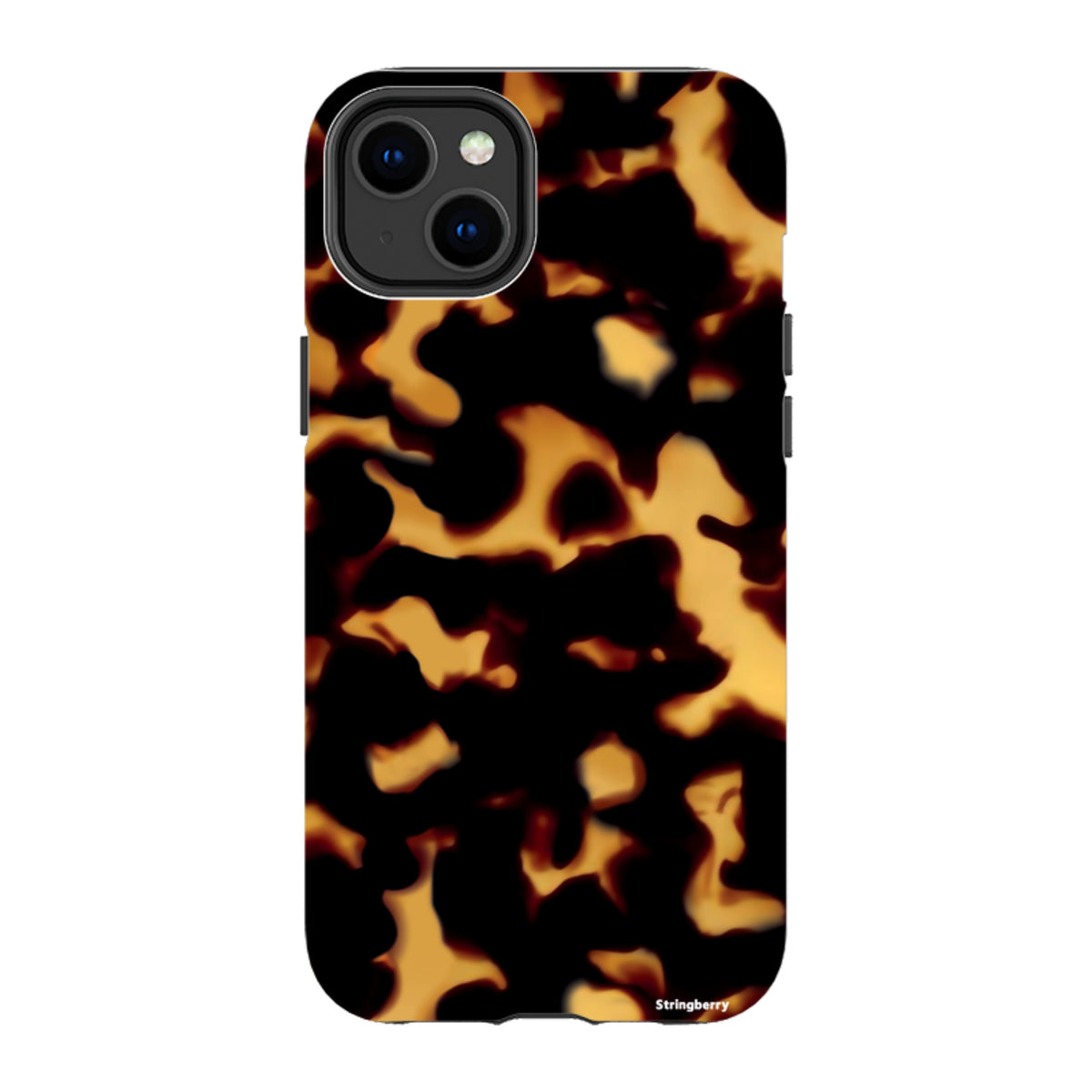 iPhone tough case with a black and amber lava-inspired tortoiseshell pattern and dual-layer protective design.