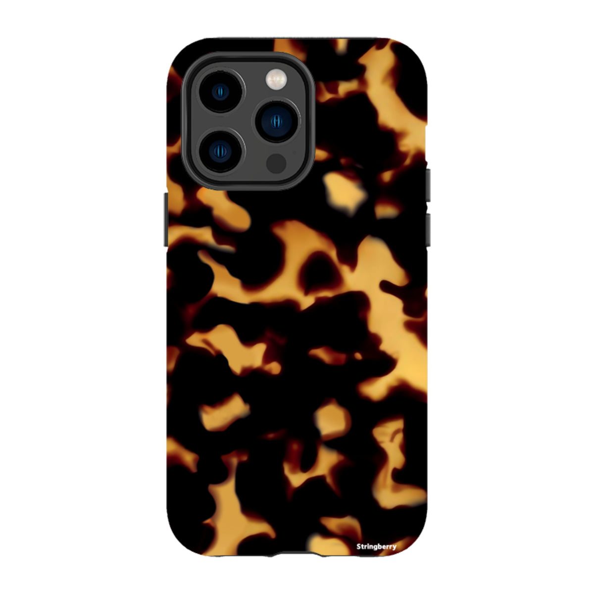 iPhone Tough Case in Lava featuring a black and amber tortoiseshell pattern with dual-layer protection and camera cutouts.