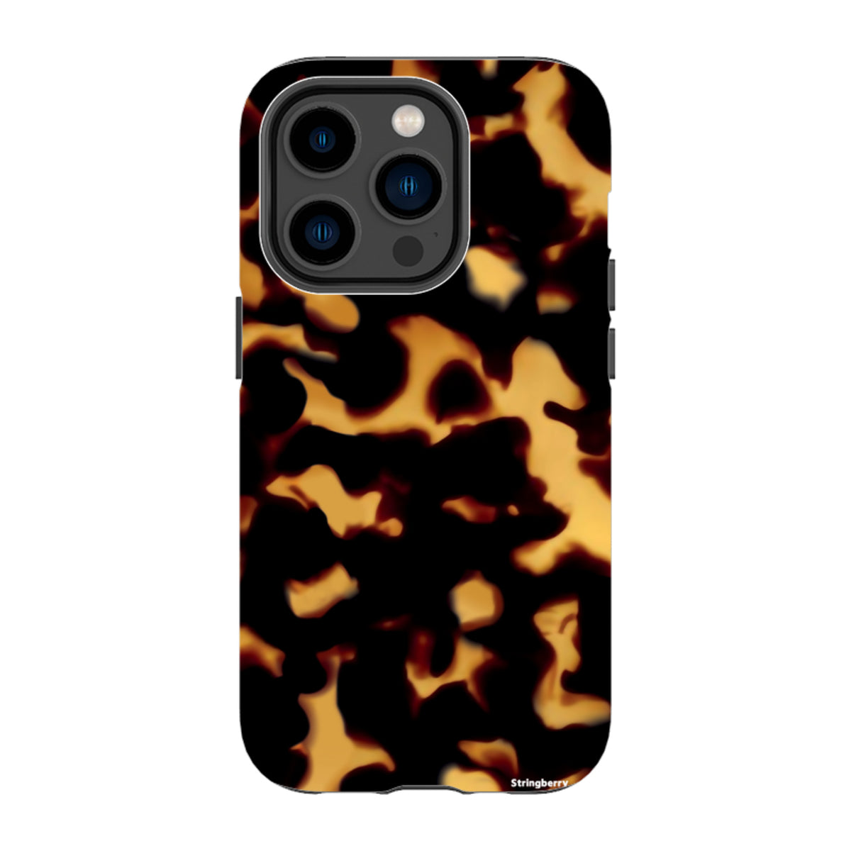 iPhone Tough Case in Lava featuring a black and amber tortoiseshell pattern with a durable dual-layer design.