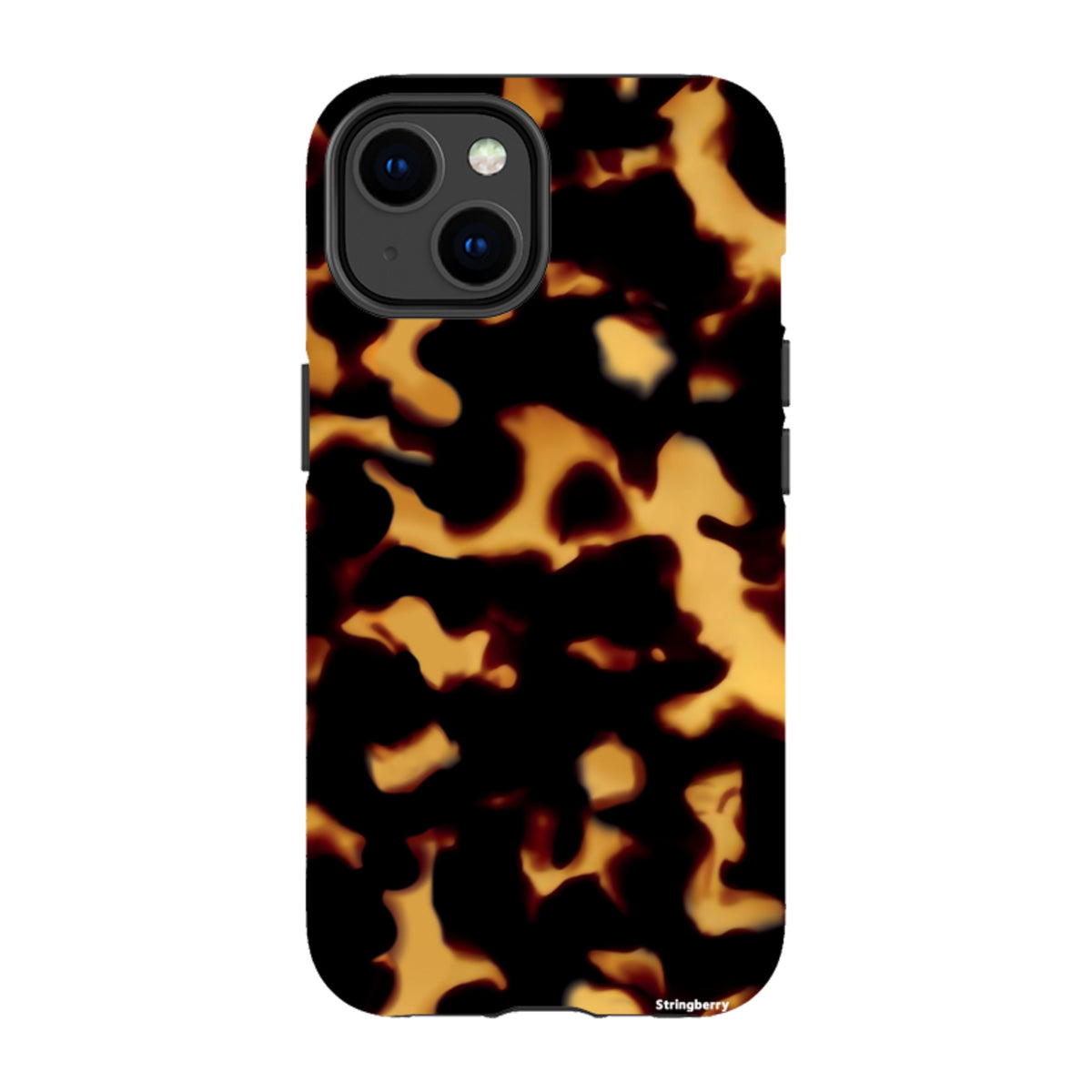 iPhone tough case with a black and amber lava-inspired tortoiseshell pattern and dual-layer protective design.