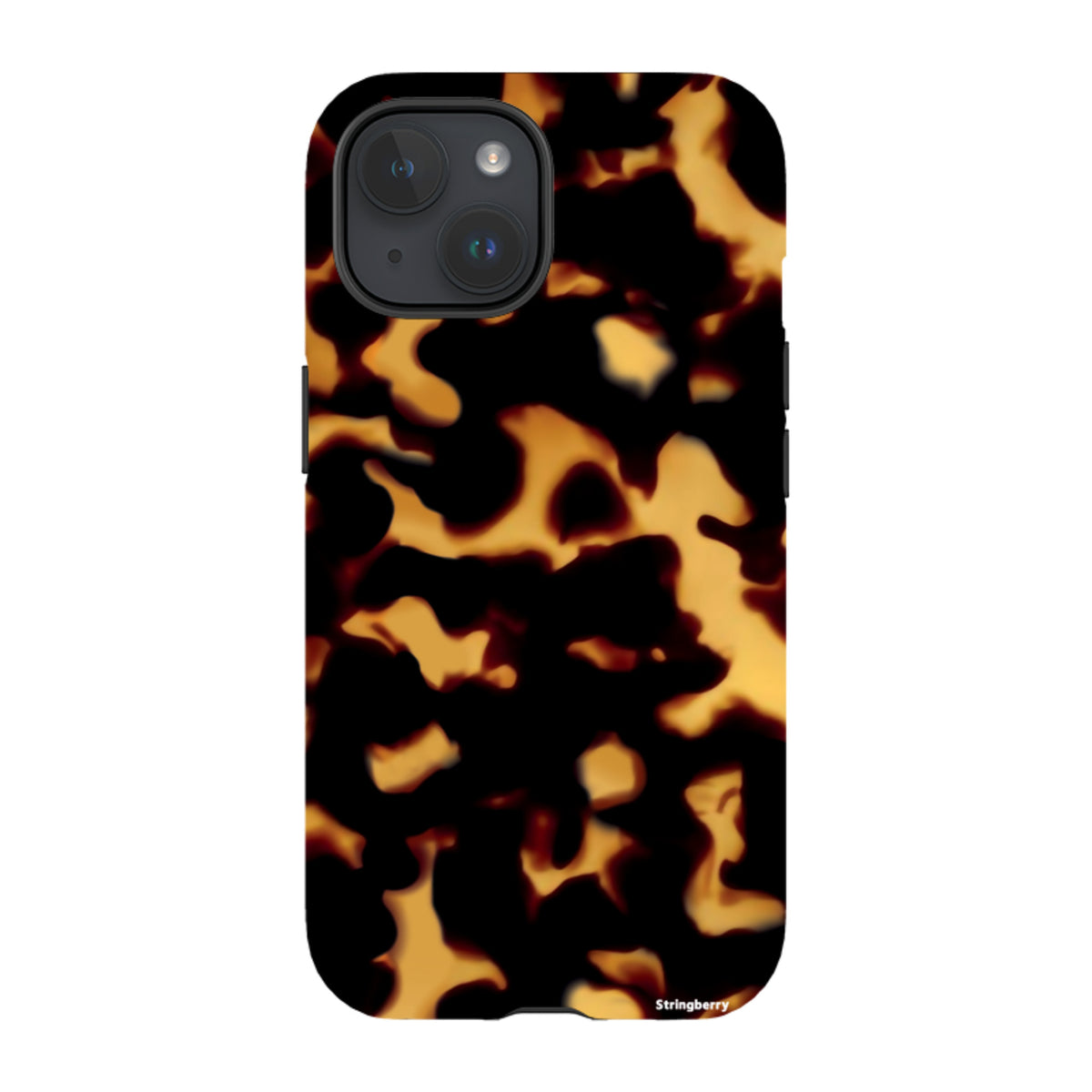 iPhone Tough Case in Lava featuring a black and amber tortoiseshell pattern with a dual-layer protective design.
