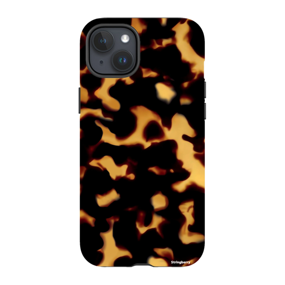 iPhone tough case with a black and amber lava-inspired tortoiseshell pattern and dual-layer protective design.
