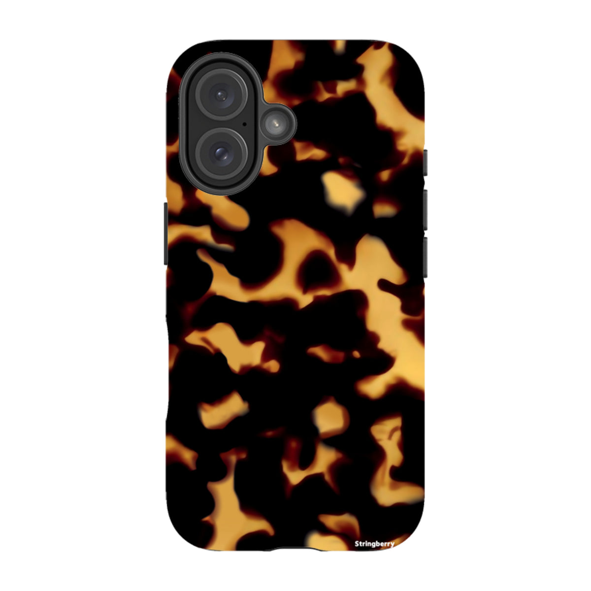 iPhone tough case with a black and orange lava-inspired pattern, featuring a dual-layer design and precise camera cutouts.