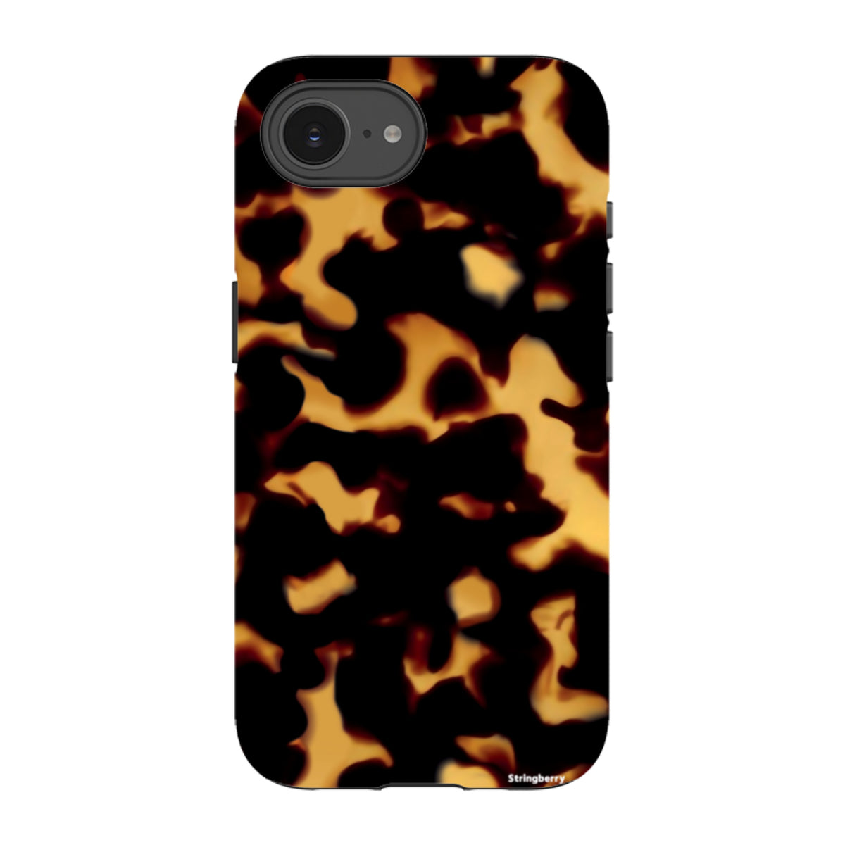 iPhone Tough Case in Lava featuring a black and amber tortoiseshell pattern with dual-layer protection and camera cutout.