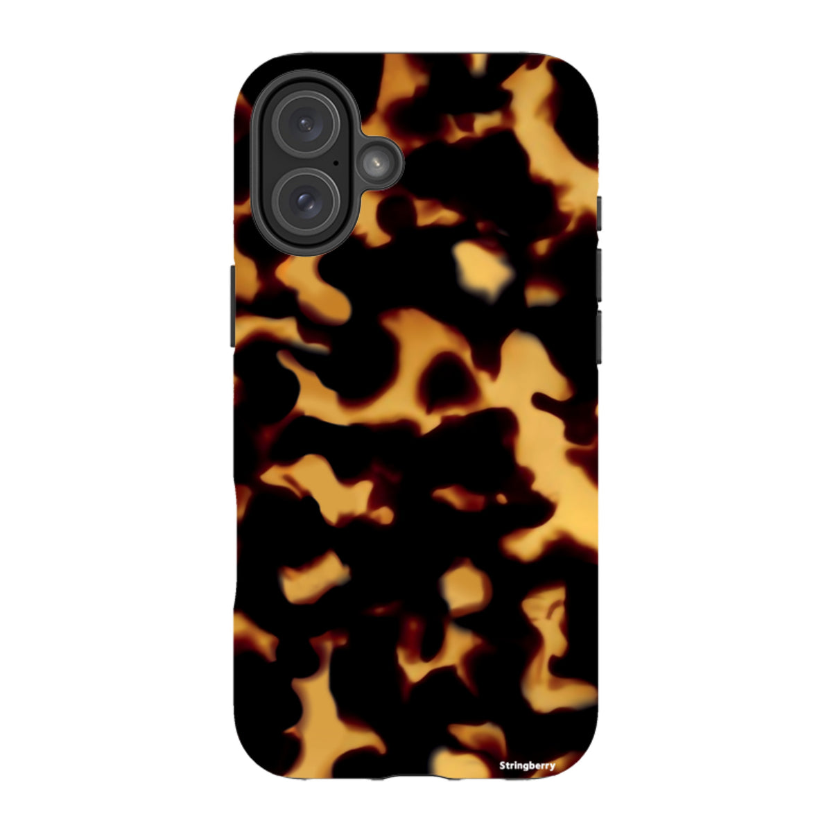 iPhone tough case with a black and amber lava-inspired pattern, featuring dual-layer protection and precise camera cutouts.