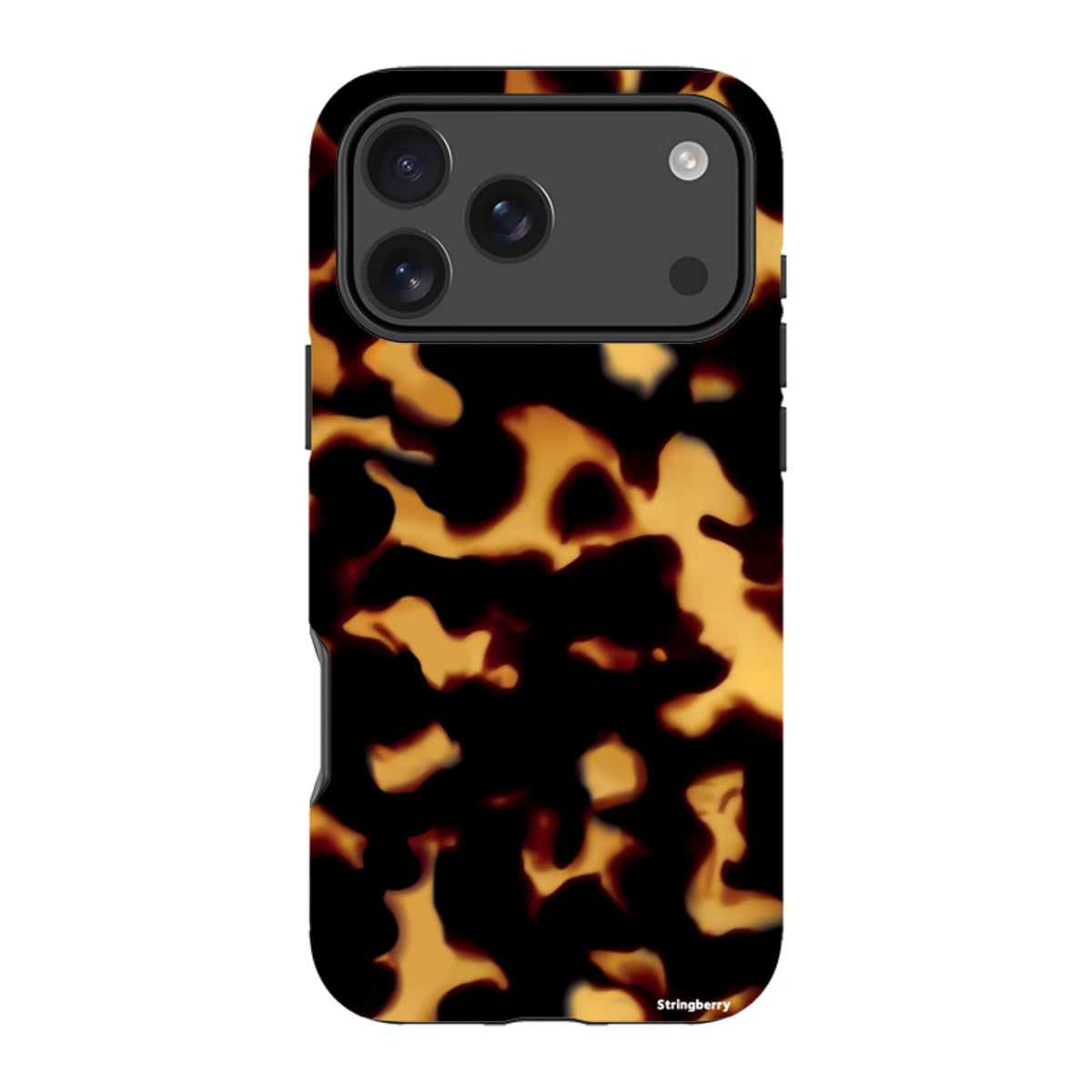 iPhone Tough Case in Lava design featuring a black and amber tortoiseshell pattern with dual-layer protective construction.