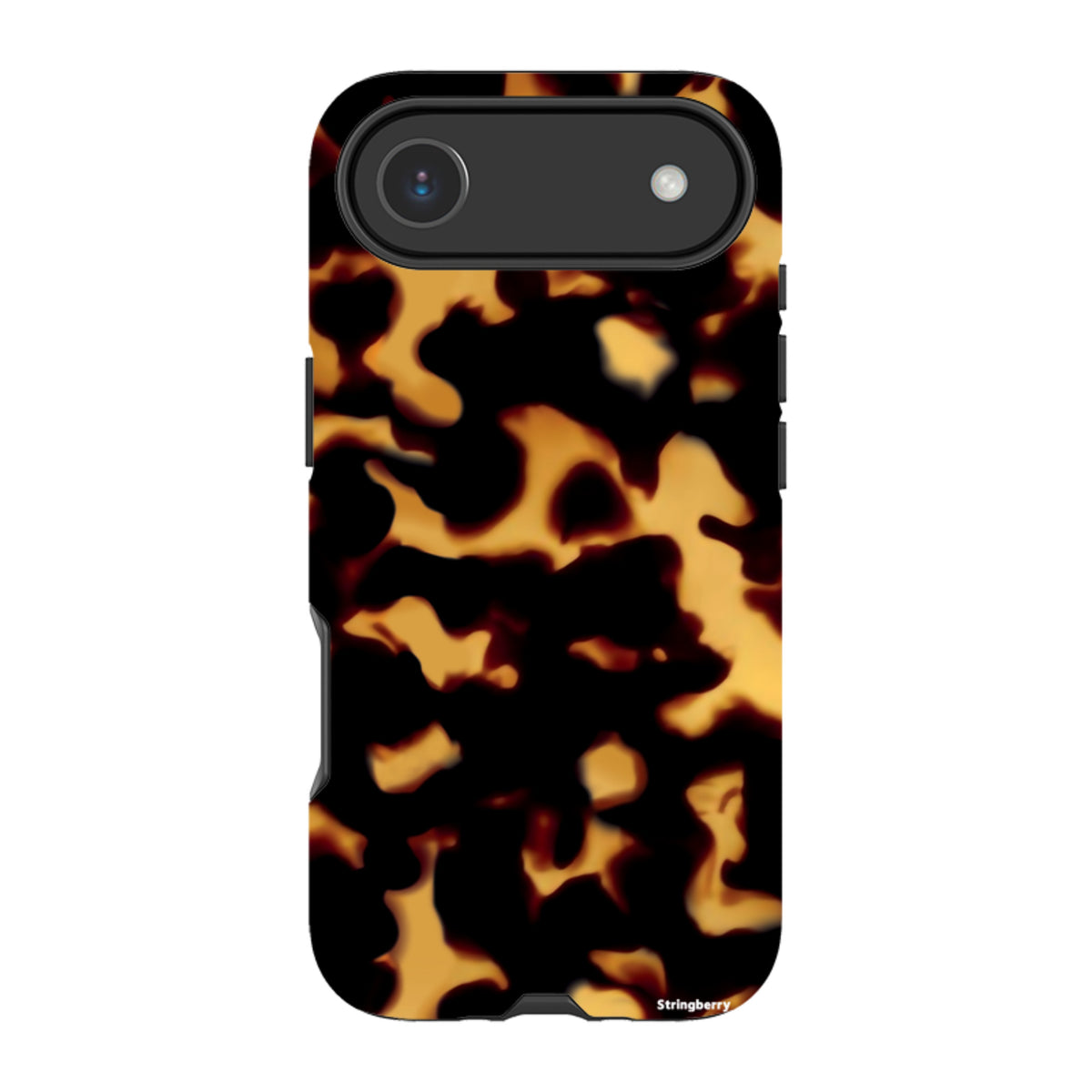 iPhone Tough Case in Lava featuring a black and amber tortoiseshell pattern with a durable dual-layer protective design.