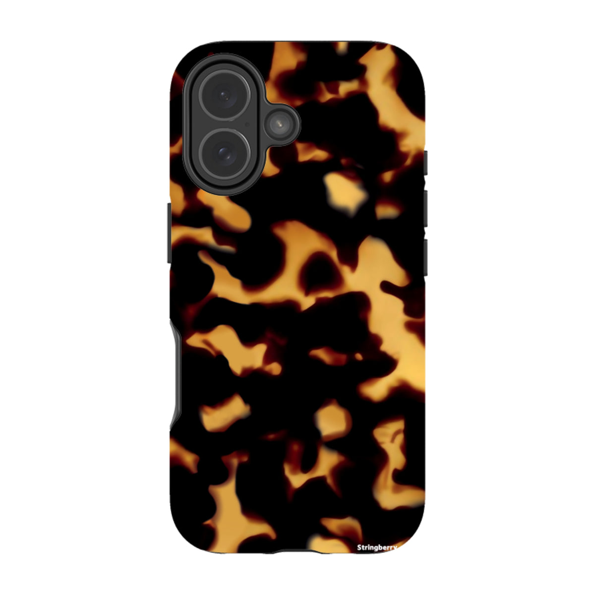 iPhone Tough Case in Lava featuring a black and amber tortoiseshell pattern with dual-layer protection and camera cutouts.